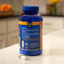 Glucosamine HCl and chondroitin/MSM complex supplement bottle with one white tablet