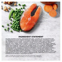 Dry dog food ingredient statement with salmon and sweet potato pieces