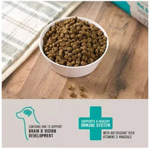 Bowl of brown dry dog kibble on wood with health benefit icons