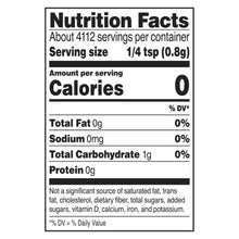 Nutrition facts label: calories 0, total fat 0g, sodium 0mg