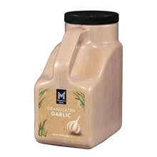 Granulated garlic container with black lid; beige granules visible