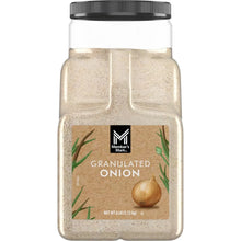 Granulated onion container with clear lid and beige granules, front label