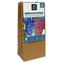 Seedless grape plant kit in cardboard box with blue front label and twine handle