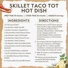 Recipe card: Skillet taco tot hot dish with ingredients and directions