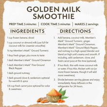 Golden milk smoothie recipe card showing ingredients and directions