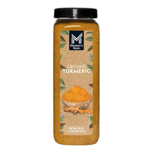 Ground turmeric spice jar with black cap and textured beige powder label