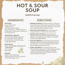 Hot & Sour Soup recipe card with ingredients and directions, makes 8 servings
