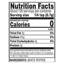 Nutrition Facts panel for ground white pepper, serving size 1/4 tsp (0.7 g)