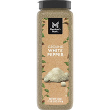 Ground white pepper seasoning bottle, 18 oz, black cap, labeled Member's Mark