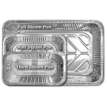 Set of three nested aluminum steam pans: full, half, and third sizes