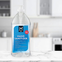 Clear hand sanitizer bottle with white pump and blue front label