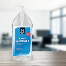 Clear hand sanitizer bottle with white pump and blue Hand Sanitizer label