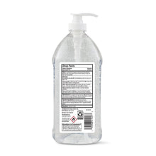 Clear hand sanitizer bottle with white pump and back label panel