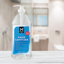 Hand sanitizer bottle with white pump and blue label, 67.6 fl oz