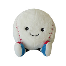 White plush baseball with smiling face, red stitched seams, blue-and-red end pads