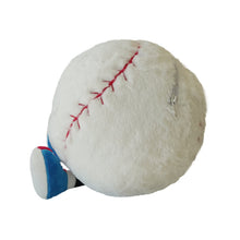 White plush baseball with red stitched seams and blue end pads, stuffed sports toy
