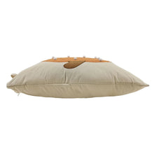 Decorative accent pillow with orange pumpkin front and ribbon bows, beige cover