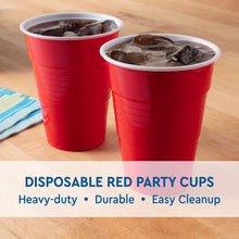 Red disposable party cups with ice and dark drink, two cups shown.