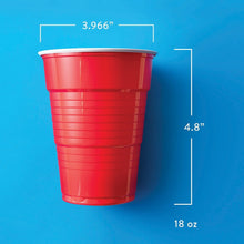 Red disposable plastic party cup, 18 oz with shown dimensions