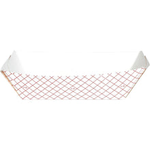 White polycoated paper food tray with red grid pattern, open and unfolded