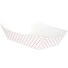 White polycoated paper food tray with red grid pattern, empty and folded