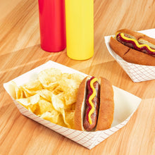 White polycoated paper food tray holding hot dog sandwich and chips