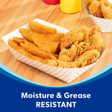 White polycoated paper food tray holding fries and fried chicken pieces