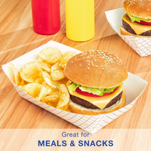 White polycoated paper food tray holding burger and chips, red grid liner