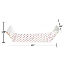 White polycoated paper food tray with red grid pattern, open boat shape
