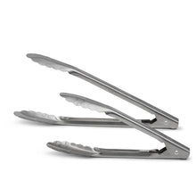 Heavy duty utility tongs with scalloped jaws and spring lock, silver