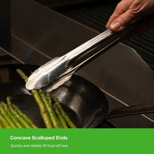 Heavy duty utility tongs lifting asparagus from a pan, silver