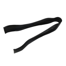 Two black plastic serving tongs with curved double-prong ends