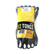 Black plastic serving tongs in sealed pack, labeled 12 count