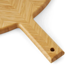 Bamboo charcuterie board handle end with hanging hole and smooth beveled edge
