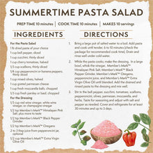 Summertime pasta salad recipe card listing Himalayan pink salt in dressing.