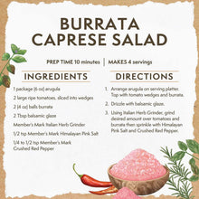 Burkata Caprese salad recipe card listing Himalayan pink salt.