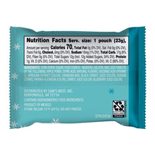 Back of a teal Member's Mark Holiday Fruity Snacks pouch with nutrition facts