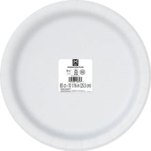 Plain white 10 in paper plate with premium paper plates label on back
