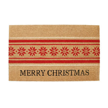 Holiday printed doormat with 'MERRY CHRISTMAS' text over red stripes and snowflake design