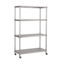 Silver 4-tier steel shelving unit with wire shelves and corner posts