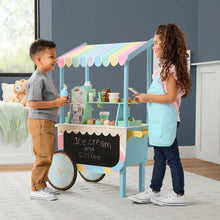 Ice cream play cart with striped awning and chalkboard, with two kids playing