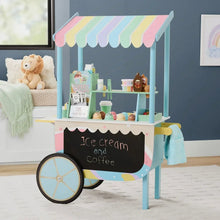 Play ice cream cart with striped awning, chalkboard sign, and front wheel
