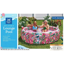 Inflatable lounge pool with pink tropical leaf print, round inflatable pool and drink holder