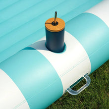 Inflatable sun tub with cup holder on blue-striped side, blue inner basin