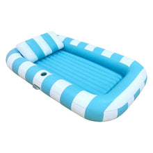 Inflatable sun tub with blue and white striped sides and blue inner basin