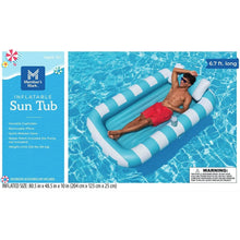 Inflatable Sun Tub packaging with blue and white striped tub and blue basin