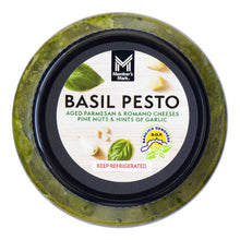 Basil pesto tub lid with product name and keep refrigerated text.