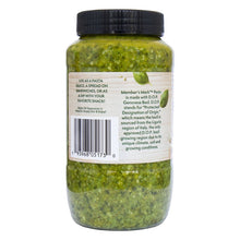 Basil pesto jar side label with use suggestions and barcode.