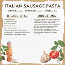 Italian sausage pasta recipe card with ingredients and directions