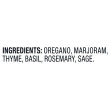 Ingredients text listing oregano, marjoram, thyme, basil, rosemary, sage